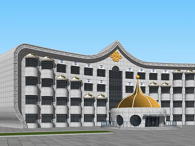 Modern Office Building With Golden Dome Symmetrical Facade And Ornate Design 3d model