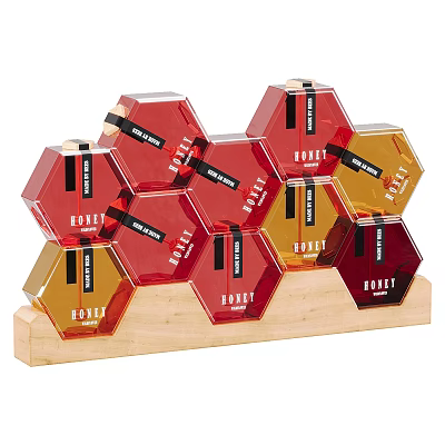 Royal Honey Stored in Hexagonal Jars on Wooden Stand Red and Yellow 3d model