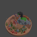 3D Rendered Underwater Scene With Coral Seaweed Rocks Fishing Net And Diving Gear