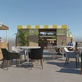 Functional Food Truck With Yellow And White Striped Awning Open Door And Outdoor Dining Tables