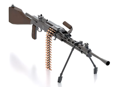 Vintage Machine Gun With Wooden Stock Metal Barrel And Ammunition Belt On Tripod Stand 3d model