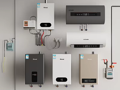 Rinnai Home Appliances Display With Wall Mounted And Floor Standing Water Heaters In Various Colors 3d model