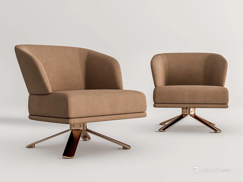 Two Stylish Brown Single Sofas With Velvet Fabric And Metal Swivel Base 3d model 