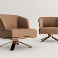 Two Stylish Brown Single Sofas With Velvet Fabric And Metal Swivel Base