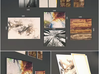 Various Abstract Plant Paintings With Colorful Canvas And Wooden Frames For Wall Decor 3d model
