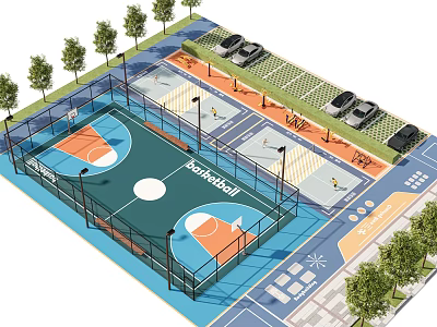 Outdoor Park Landscape Featuring Basketball Court Parking Spaces and Lush Trees 3d model