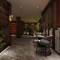 Elegant Modern Shop Front Desk With Marble Countertop Chandelier Green Plants And Sofa Seating