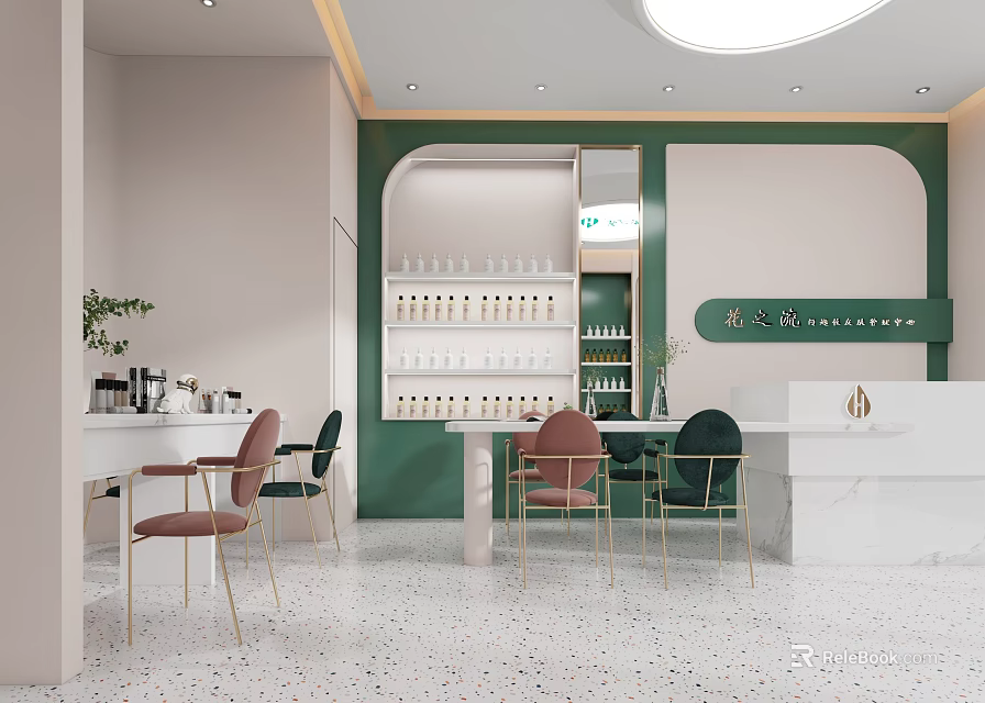 Modern Beauty Salon Interior With Green White Decor Metal Chairs Product Shelves And Potted Plants 3d model 