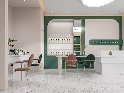 Modern Beauty Salon Interior With Green White Decor Metal Chairs Product Shelves And Potted Plants 3d model