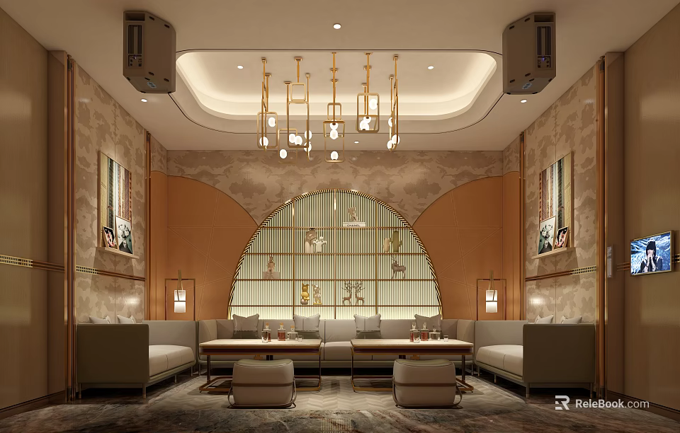 Luxurious Modern KTV Lounge Interior With Golden Chandeliers Arched Doorway Sofas And Coffee Tables 3d model 