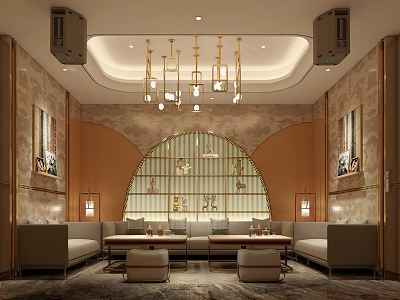 Luxurious Modern KTV Lounge Interior With Golden Chandeliers Arched Doorway Sofas And Coffee Tables 3d model