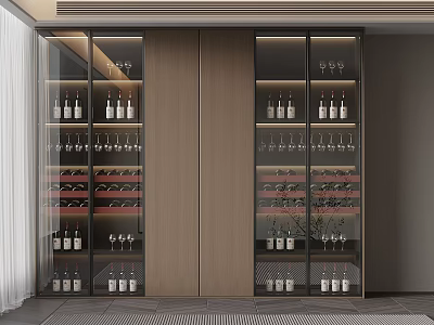 Modern Wine Cabinet Design With Glass Doors And Wine Bottles Wine Glasses Storage 3d model