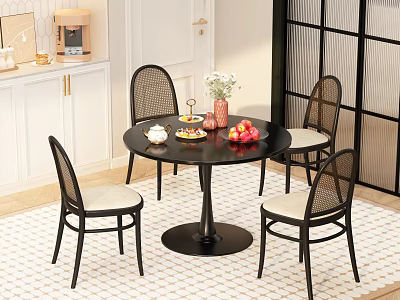 Cozy Restaurant Dining Area With Round Table Rattan Chairs White Cabinets And Coffee Machine 3d model