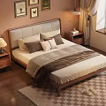 Modern Wooden Double Bed With Upholstered Headboard Side Tables Lamps Decorative Paintings And Rug