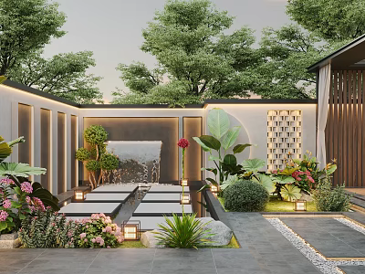 Courtyard Garden With Lush Greenery Water Fountain Stone Pathways Decorative Walls And Soft Lighting 3d model