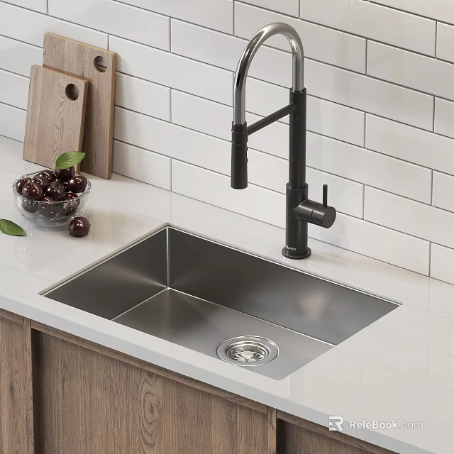 Stainless Steel Single Bowl Kitchen Sink With Black Faucet White Countertop And Tiled Backsplash 3d model 