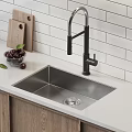 Stainless Steel Single Bowl Kitchen Sink With Black Faucet White Countertop And Tiled Backsplash