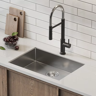 Stainless Steel Single Bowl Kitchen Sink With Black Faucet White Countertop And Tiled Backsplash 3d model