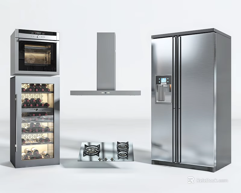 Stainless Steel Kitchen Appliances Including Oven Wine Cooler Range Hood Gas Stove And Refrigerator 3d model 