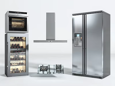 Stainless Steel Kitchen Appliances Including Oven Wine Cooler Range Hood Gas Stove And Refrigerator 3d model