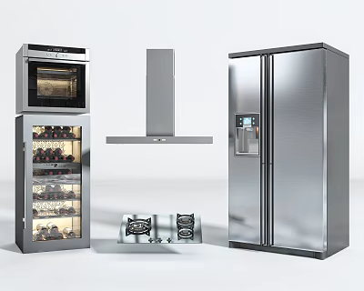 Stainless Steel Kitchen Appliances Including Oven Wine Cooler Range Hood Gas Stove And Refrigerator 3d model