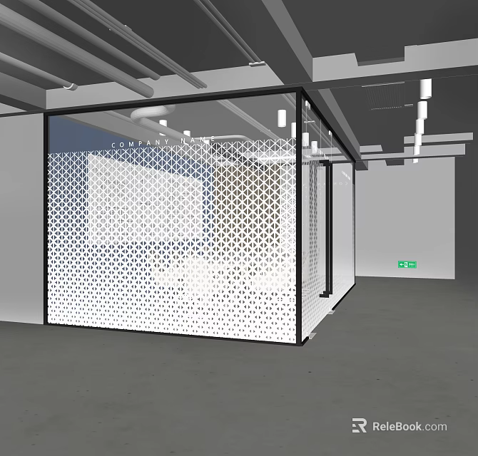 Modern Office Interior With Glass Partition And Perforated Design Elements 3d model