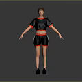 Child Wearing Black Short Sleeve Top And Black Shorts With Red Trim And Black Shoes 3d model