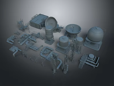 Industrial Landscape 3D Models With Tanks Pipes Ladders And Platforms On Gray Background 3d model