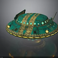 Cosmic UFO Spacecraft Design With Blue Yellow Accents And Circular Windows