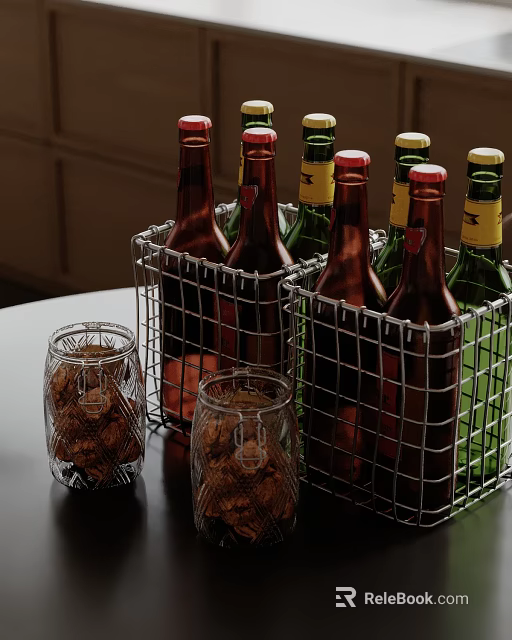 Organized Commercial Kitchen Storage With Wire Baskets Brown Green Bottles Glass Jars Cookies 3d model 