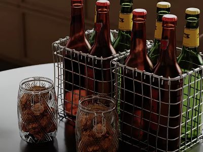 Organized Commercial Kitchen Storage With Wire Baskets Brown Green Bottles Glass Jars Cookies 3d model