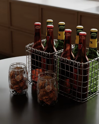 Organized Commercial Kitchen Storage With Wire Baskets Brown Green Bottles Glass Jars Cookies 3d model