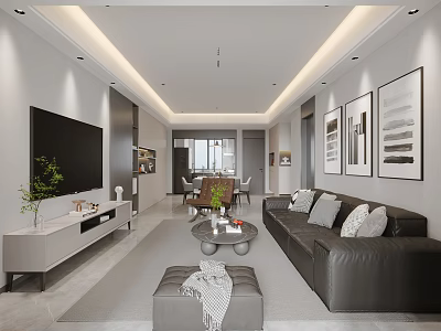 Modern Minimalist Open Plan Living And Dining Room With Comfortable Leather Sofa And Elegant Decorations 3d model