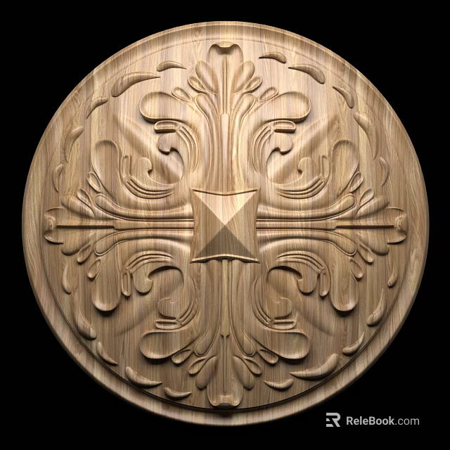 Ornate Wooden Carved Ceiling Medallion with Intricate Floral Patterns Central Star Accent 3d model 