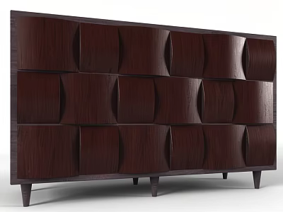 Dark Wood Console Side Cabinet With Unique Wavy Panel Design And Slim Legs 3d model