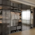Modern Wardrobe Interior With Black Glass Partitions Hanging White Shirts And Storage Shelves