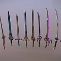 Colorful Swords With Various Designs Ornate Hilts And Intricate Blade Patterns