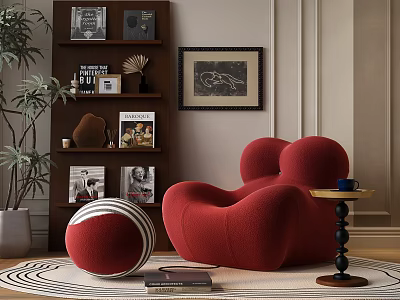 Round Modern Side Table with Black Base Near Red Armchair and Bookshelf Plant Rug 3d model