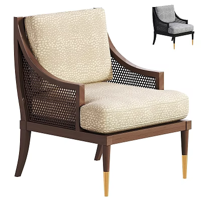 Stylish Leisure Chair with Beige Polka Dot Cushion Wooden Frame and Woven Armrest Gold Legs 3d model