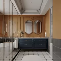Bathroom Interior With Double Mirrors Navy Blue Vanity White Bathtub And Black White Floor Tiles