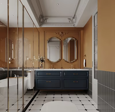 Bathroom Interior With Double Mirrors Navy Blue Vanity White Bathtub And Black White Floor Tiles 3d model