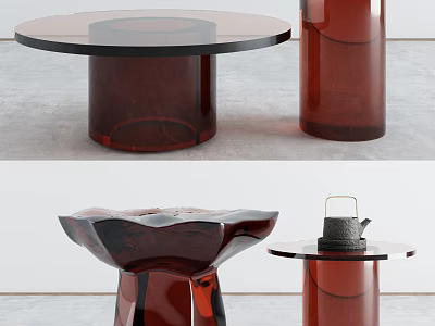 Modern Red Glass Coffee Table with Round Top and Petal Shaped Base and Teapot Decoration 3d model