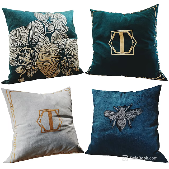 Elegant Decorative Pillows With Orchid Hexagon T Logo And Bee Patterns In Green Cream Navy Blue 3d model 
