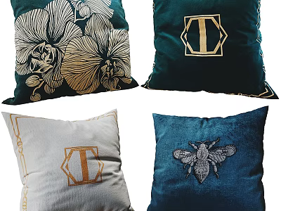 Elegant Decorative Pillows With Orchid Hexagon T Logo And Bee Patterns In Green Cream Navy Blue 3d model