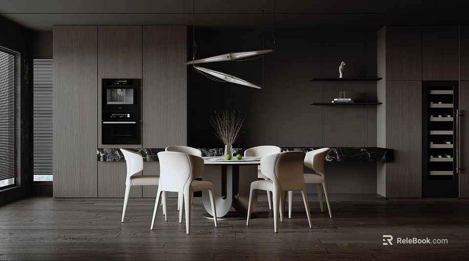 Modern Restaurant With Dining Table White Chairs Hanging Pendant Lights Dark Cabinets And Marble Countertop 3d model 