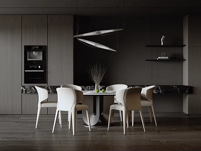 Modern Restaurant With Dining Table White Chairs Hanging Pendant Lights Dark Cabinets And Marble Countertop 3d model
