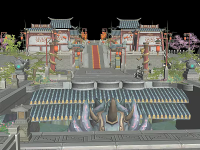 Ancient Chinese Courtyard With Red Gates Stone Steps Lanterns And Cherry Blossom Trees 3d model
