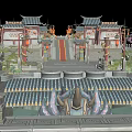 Ancient Chinese Courtyard With Red Gates Stone Steps Lanterns And Cherry Blossom Trees