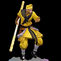 Mythical Warrior in Yellow Traditional Outfit holding a Long Staff standing on Colorful Fluffy Clouds
