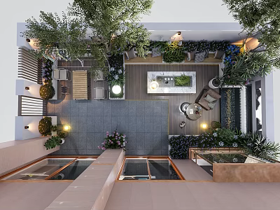 Courtyard Garden Design With Various Plants Outdoor Seating Paved Floor And Ambient Lighting 3d model